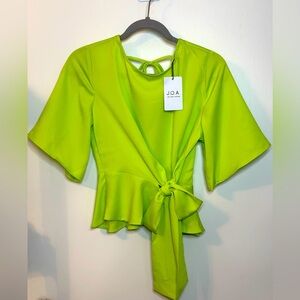 JOA Just One Answer Bright Green Peplum Tie Front Top with Open Back- Size M